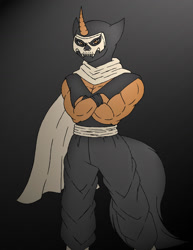 Size: 1024x1326 | Tagged: safe, artist:gh0stzr01, artist:shadowthedarkninja, imported from derpibooru, oc, oc only, anthro, unicorn, biceps, black background, cape, clothes, crossed arms, digital art, horn, looking at you, male, mask, mortal kombat, muscles, pants, shirt, simple background, solo, tail