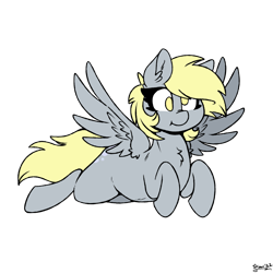 Size: 1600x1600 | Tagged: safe, artist:skoon, derpibooru exclusive, imported from derpibooru, derpy hooves, pegasus, pony, chest fluff, female, flying, signature, simple background, smiling, solo, spread wings, strabismus, transparent background, wings