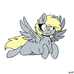 Size: 1600x1600 | Tagged: safe, alternate version, artist:skoon, derpibooru exclusive, imported from derpibooru, derpy hooves, pegasus, pony, chest fluff, female, flying, signature, simple background, smiling, solo, spread wings, strabismus, white background, wings