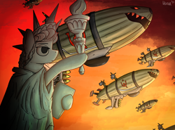 Size: 3508x2600 | Tagged: safe, artist:uteuk, imported from derpibooru, earth pony, pony, airship, bomb, command and conquer: red alert, hammer and horseshoe, kirov airship, red alert, statue of liberty, weapon