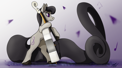 Size: 3840x2160 | Tagged: safe, artist:tenebrisnoctus, imported from derpibooru, octavia melody, earth pony, pony, bipedal, bow (instrument), cello, dock, female, impossibly long tail, mare, musical instrument, petals, puddle, reflection, signature, solo, treble clef