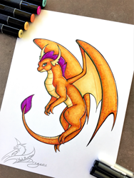 Size: 2341x3116 | Tagged: safe, artist:yeahbutthendragons, imported from derpibooru, smolder, dragon, dragoness, female, flying, marker drawing, redesign, signature, solo, traditional art