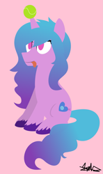 Size: 1817x3078 | Tagged: safe, artist:samsailz, imported from derpibooru, izzy moonbow, pony, unicorn, ball, derp, g5, g5 movie, horn, horn guard, horn impalement, hornball, izzy's tennis ball, lineless, mlpg5, pink background, signature, simple background, solo, tennis ball, tongue out, unshorn fetlocks