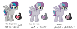 Size: 1255x481 | Tagged: safe, artist:hippykat13, artist:sabokat, imported from derpibooru, oc, oc only, oc:kitty sweet, cat, pegasus, pony, bags under eyes, base used, character development, cute, eyeshadow, female, freckles, heart, heterochromia, makeup, mare, multicolored hair, ponified, scar, short hair, short mane, solo, text, timeline, wings