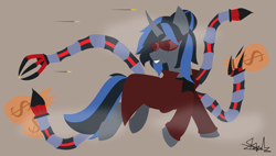 Size: 5103x2894 | Tagged: safe, artist:samsailz, imported from derpibooru, oc, oc:scarlet, unicorn, bullet, claw, clothes, doctor octopus, glasses, mechanical hands, money, money bag, robbery, robe, smoke, smug, tentacles
