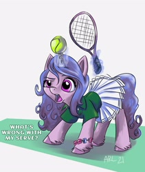 Size: 3300x3908 | Tagged: safe, artist:lytlethelemur, imported from derpibooru, izzy moonbow, pony, unicorn, ball, clothes, dialogue, female, g5, g5 movie, high res, horn, horn guard, horn impalement, hornball, izzy's tennis ball, magic, mare, open mouth, shirt, signature, skirt, solo, sports, telekinesis, tennis, tennis ball, tennis racket, unshorn fetlocks