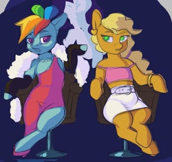 Size: 1313x1240 | Tagged: safe, artist:escapist, imported from derpibooru, applejack, rainbow dash, earth pony, pegasus, pony, alternate hairstyle, applejack also dresses in style, belt, bracelet, chair, clothes, colored sketch, dress, duo, ear piercing, earring, feather boa, female, gloves, hoof gloves, hoof shoes, jewelry, long gloves, mare, necklace, piercing, rainbow dash always dresses in style, short shirt, sitting, skirt, td, tomboy taming, wip