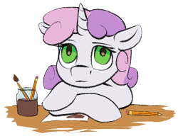 Size: 354x272 | Tagged: safe, artist:escapist, imported from derpibooru, imported from ponybooru, sweetie belle, pony, unicorn, blank stare, bored, crossed hooves, female, filly, floppy ears, horn, paintbrush, paper, pencil, simple background, solo, transparent background
