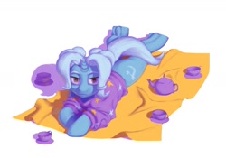 Size: 1593x1118 | Tagged: safe, artist:escapist, imported from derpibooru, part of a set, trixie, pony, unicorn, alternate hairstyle, babysitter trixie, blanket, clothes, cup, hoodie, lying down, pigtails, prone, simple background, solo, teacup, teapot, that pony sure does love teacups, twintails, white background