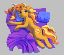 Size: 1447x1240 | Tagged: safe, artist:escapist, imported from derpibooru, part of a set, sunset shimmer, pony, unicorn, blanket, gray background, lying down, pillow, simple background, solo