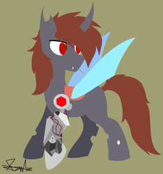 Size: 3572x3819 | Tagged: safe, artist:samsailz, imported from derpibooru, oc, oc:jax, changeling, unicorn, fangs, lineless, mecha, mechanical hands, red changeling, red eyes, robotic arm, toothpick, wings