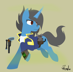 Size: 3416x3370 | Tagged: safe, artist:samsailz, imported from derpibooru, oc, oc only, cat, pony, unicorn, fallout equestria, 21, badass, bag, commission, cute, fallout, female, gas, gun, lineless, magic, pipboy, saddle bag, smoke, solo, toothpick, weapon