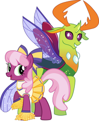 Size: 2403x2948 | Tagged: safe, artist:doctor-g, artist:lightningbolt, derpibooru exclusive, edit, imported from derpibooru, cheerilee, thorax, changedling, changeling, the cart before the ponies, .svg available, cheerileeder, cheerleader, clothes, crack shipping, curved horn, duo, female, grin, happy, horn, horns, insect wings, king thorax, looking at you, male, open mouth, pom pom, raised hoof, shipping, show accurate, simple background, skirt, smiling, spread wings, standing, straight, svg, thorilee, transparent background, vector, wings