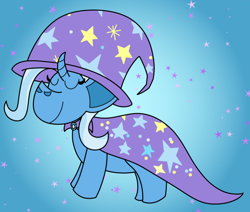 Size: 640x543 | Tagged: safe, artist:greys-art-blogue, imported from derpibooru, trixie, pony, unicorn, cape, clothes, eyes closed, gem, hat, horn, stars
