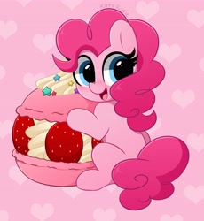 Size: 3773x4096 | Tagged: safe, artist:kittyrosie, imported from derpibooru, part of a set, pinkie pie, earth pony, pony, cute, diapinkes, food, heart, herbivore, high res, macaron, open mouth, part of a series, pink background, remake, simple background, sitting, solo, strawberry, sweet dreams fuel, whipped cream
