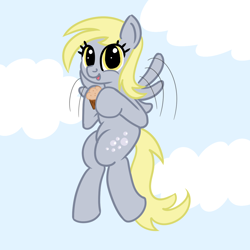 Size: 1200x1200 | Tagged: safe, artist:dafiltafish, imported from derpibooru, derpy hooves, ditzy doo, pegasus, pony, cloud, flying, food, muffin, solo