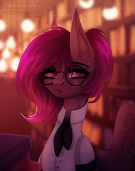 Size: 1179x1500 | Tagged: safe, artist:elektra-gertly, imported from derpibooru, oc, oc only, pegasus, pony, book, bust, clothes, commission, glasses, library, neckerchief, oc name needed, oc needed, shirt, solo, ych result