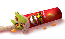 Size: 1700x1020 | Tagged: safe, artist:elektra-gertly, imported from derpibooru, oc, oc only, kirin, pony, :p, braid, cheek fluff, chips, commission, cute, ear fluff, female, food, frown, ocbetes, potato chips, pringles, reaching, silly, simple background, solo, stuck, tiny, tiny ponies, tongue out, white background, wiggling, ych result