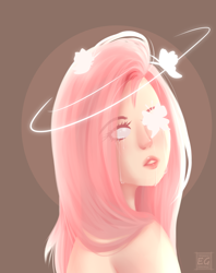 Size: 950x1200 | Tagged: safe, artist:elektra-gertly, imported from derpibooru, fluttershy, butterfly, human, blank eyes, bust, crying, eye clipping through hair, female, humanized, solo