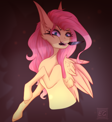 Size: 2212x2400 | Tagged: safe, artist:elektra-gertly, imported from derpibooru, fluttershy, pegasus, pony, knife, mouth hold, solo, yandereshy