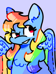 Size: 768x1024 | Tagged: safe, artist:simple24fox, imported from derpibooru, rainbow dash, pegasus, pony, alternate design, blue background, bust, colored wings, kidcore, multicolored wings, rainbow wings, simple background, solo, wings