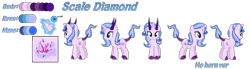 Size: 5200x1428 | Tagged: safe, artist:whiteplumage233, imported from derpibooru, oc, oc only, oc:scale diamond, dracony, dragon, hybrid, pony, unicorn, female, horns, reference sheet, simple background, solo, transparent background