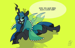 Size: 1024x657 | Tagged: safe, artist:blackdog-stuff, artist:opossum-stuff, imported from derpibooru, queen chrysalis, changeling, changeling queen, cloak, clothes, dialogue, female, lidded eyes, lying down, open mouth, prone, simp, speech bubble