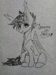 Size: 1040x1386 | Tagged: source needed, safe, artist:jsunlight, artist:julia-sunlight, edit, imported from derpibooru, oc, oc only, oc:dreamer skies, pegasus, pony, looking at you, monochrome, pegasus oc, photography, pony oc, sitting, solo, text, traditional art, wings