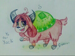 Size: 480x359 | Tagged: safe, artist:opossum-stuff, imported from derpibooru, yona, yak, bow, cloven hooves, female, hair bow, monkey swings, open mouth, smiling, solo, traditional art