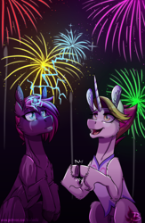 Size: 1012x1556 | Tagged: safe, artist:inuhoshi-to-darkpen, imported from derpibooru, fire flare, fizzlepop berrytwist, tempest shadow, unicorn, my little pony: the movie, broken horn, clapping, clothes, fireworks, hooves, horn, scar, unshorn fetlocks