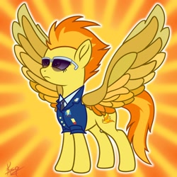 Size: 2500x2500 | Tagged: safe, artist:kirdim4ik, imported from derpibooru, spitfire, pegasus, pony, clothes, colored wings, multicolored wings, simple background, solo, spib, spread wings, sunglasses, uniform, wing bling, wings, wonderbolts dress uniform