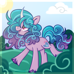 Size: 3000x3000 | Tagged: safe, artist:camikamen, imported from derpibooru, izzy moonbow, pony, unicorn, bush, cloud, female, g5, grass, high res, mare, open mouth, sky, solo, sun, unshorn fetlocks