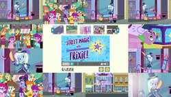 Size: 1280x721 | Tagged: safe, edit, edited screencap, editor:quoterific, imported from derpibooru, screencap, gallop j. fry, lily longsocks, little red, magic hat, sandalwood, sci-twi, spike, spike the regular dog, super funk, trixie, twilight sparkle, dog, human, equestria girls, equestria girls series, street magic with trixie, spoiler:eqg series (season 2), clothes, collage, duo, female, glasses, hand, hat, magic, magic aura, magic hands, magic trick, male, open mouth, sword, teeth, weapon