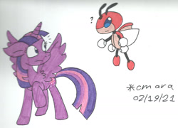 Size: 1280x924 | Tagged: safe, artist:cmara, imported from derpibooru, twilight sparkle, alicorn, ledian, pony, coccinellidaephobia, crossover, emanata, female, looking at each other, mare, pokémon, question mark, raised hoof, simple background, startled, traditional art, twilight sparkle (alicorn), white background