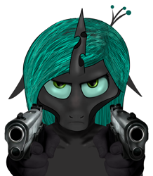 Size: 1500x1721 | Tagged: safe, artist:samueldavillo, imported from derpibooru, queen chrysalis, anthro, changeling, changeling queen, female, gun, handgun, m1911, pistol, weapon