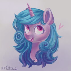 Size: 900x900 | Tagged: safe, artist:krista-21, imported from derpibooru, izzy moonbow, pony, unicorn, bust, female, g5, heart, mare, open mouth, portrait, solo