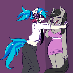 Size: 2300x2297 | Tagged: safe, artist:currentlytr_ash, imported from derpibooru, dj pon-3, octavia melody, vinyl scratch, anthro, earth pony, unicorn, alternate hairstyle, blushing, bowtie, breasts, busty octavia, busty octavia melody, cleavage, clothes, dress, duo, eyes closed, female, flower, flower in mouth, glasses, hand, kabedon, lesbian, mouth hold, necktie, open mouth, pants, ponytail, rose, rose in mouth, scratchtavia, shipping, shirt