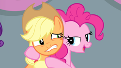 Size: 1266x720 | Tagged: safe, imported from derpibooru, screencap, applejack, pinkie pie, rarity, earth pony, pony, unicorn, equestria games (episode), applejack's hat, cowboy hat, female, gritted teeth, hat, open mouth, teeth, trio, trio female