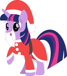Size: 842x949 | Tagged: safe, artist:porygon2z, imported from derpibooru, twilight sparkle, pony, unicorn, christmas, clothes, costume, fake beard, female, hat, holiday, horn, looking at you, open mouth, santa beard, santa claus, santa costume, santa hat, simple background, solo, transparent background, unicorn twilight, vector