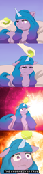 Size: 2000x8000 | Tagged: safe, artist:nihithebrony, imported from derpibooru, izzy moonbow, human, pony, unicorn, 4 panel comic, ascension, ball, comic, female, g5, hand, horn, horn guard, hornball, izzy's tennis ball, jar, lewd container meme, lidded eyes, mare, meme, ponified meme, purple background, red background, simple background, tennis ball, text, when you see it, wide eyes