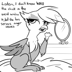 Size: 3000x3000 | Tagged: safe, artist:tjpones, imported from derpibooru, gilda, griffon, behaving like a bird, behaving like a cat, black and white, catbird, cute, dialogue, dweeb, female, gildadorable, grayscale, griffons doing bird things, griffons doing cat things, hypocrisy, hypocritical humor, irony, mirror, monochrome, nest, silly, solo, talking to viewer, text