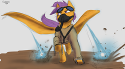 Size: 4098x2260 | Tagged: safe, artist:flashnoteart, imported from derpibooru, scootaloo, pegasus, pony, concept art, goggles, oxygen mask, running, sketch, solo, weapon, wings