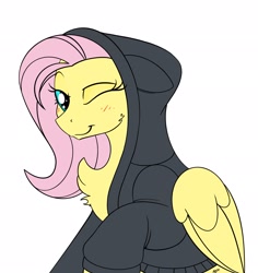 Size: 1936x2048 | Tagged: safe, artist:allyster-black, imported from derpibooru, fluttershy, pegasus, pony, blushing, clothes, cute, daaaaaaaaaaaw, female, hoodie, mare, one eye closed, shyabetes, solo, wink