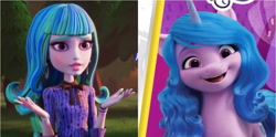 Size: 1274x634 | Tagged: safe, imported from derpibooru, screencap, izzy moonbow, human, pony, unicorn, comparison, female, g5, monster, monster high, solo, spoilers for another series, twyla, twyla boogeyman