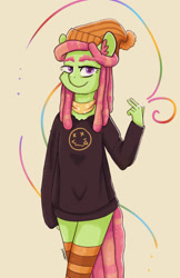 Size: 1510x2333 | Tagged: safe, artist:ratann, imported from derpibooru, tree hugger, anthro, earth pony, pony, cigarette, clothes, female, hat, looking at you, simple background, smoking, socks, solo, sweater, thigh highs, white background