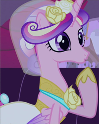 Size: 1678x2095 | Tagged: safe, imported from derpibooru, screencap, princess cadance, alicorn, pony, a canterlot wedding, season 2, bride, clothes, cropped, cute, cutedance, dress, female, flower, flower in hair, mare, raised hoof, solo, wedding dress, wedding veil