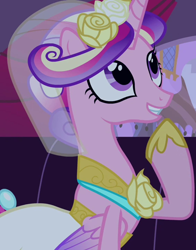 Size: 1644x2095 | Tagged: safe, imported from derpibooru, screencap, princess cadance, alicorn, pony, a canterlot wedding, season 2, bride, clothes, cropped, cute, cutedance, dress, female, flower, flower in hair, mare, raised hoof, solo, wedding dress, wedding veil