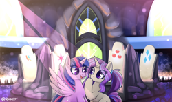 Size: 4500x2658 | Tagged: safe, artist:rivin177, imported from derpibooru, twilight sparkle, oc, oc:krya, alicorn, pony, unicorn, cutie map, duo, face to face, mane six room, spread wings, throne room, twilight sparkle (alicorn), twilight's castle, wings