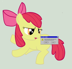 Size: 500x480 | Tagged: artist needed, source needed, safe, artist:kenchancake, imported from derpibooru, apple bloom, earth pony, pony, bow, error, error message, female, filly, gray background, hair bow, parody, simple background, solo, unamused