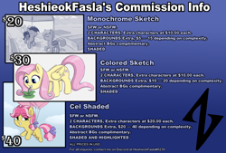 Size: 2500x1688 | Tagged: safe, artist:heretichesh, imported from derpibooru, fluttershy, kettle corn, oc, oc:echo, oc:midnight blossom, pony, advertisement, commission info, price sheet, text